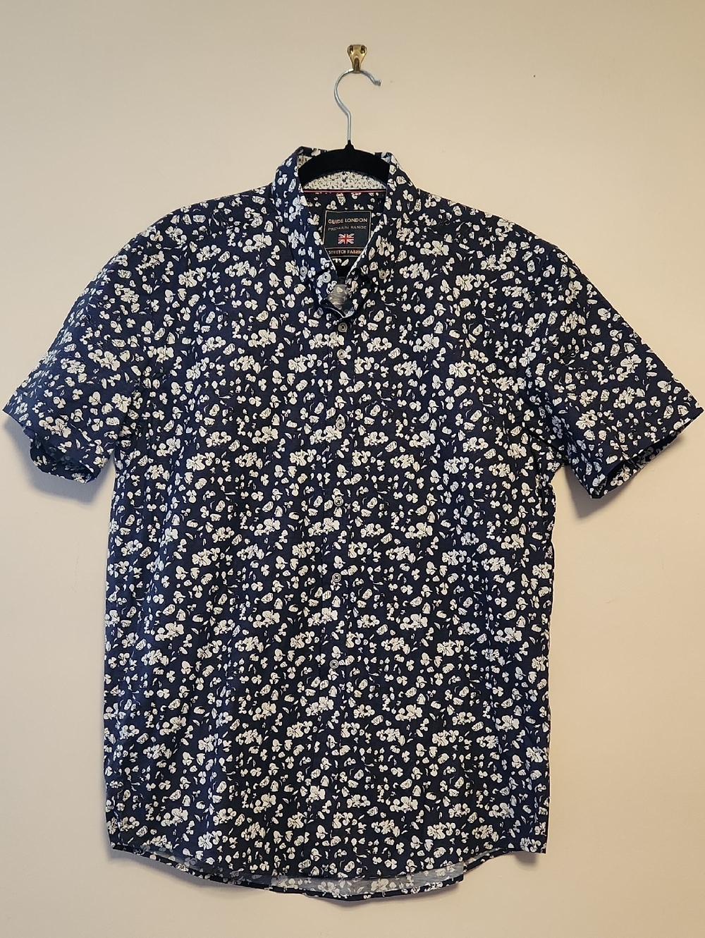 Guide London Men’s Navy Floral Stretch Premium Range Button-Up Shirt L
